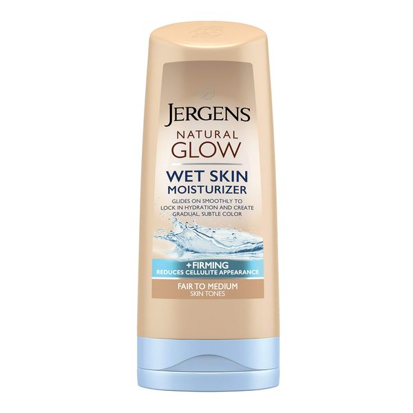 Jergens Natural Glow +FIRMING In-shower Self Tanner for Fair to Medium Skin Tones, Anti Cellulite Firming Body Lotion, Wet Skin Lotion for Gradual and Natural-Looking Fake Tan, 7.5 Ounce