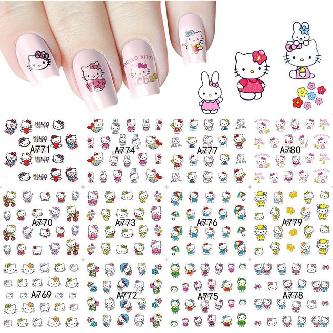 Cute Kawaii Hello Kit-ty Cartoon Nail Stickers Self-Adhesive Nail Decals for Women Girls Kids Nail Art Stickers (12 Sheets)