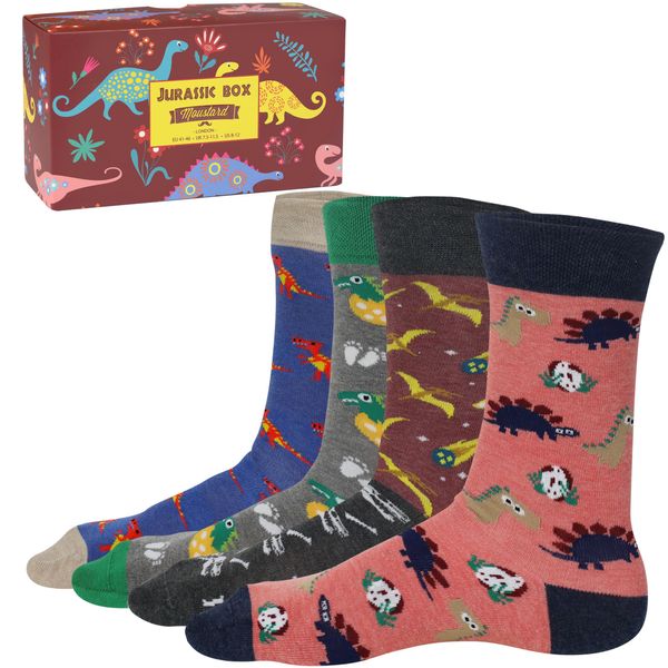 Moustard Dinosaur Socks Women and Men Gift Box - Cute Crew Socks Jurassic Park - Fun Dino Socks for Women and Men - Warm Soft Cotton Pattern Socks (4-pack)