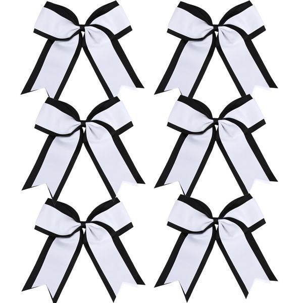 8 Inch 2 Colors Cheerleader Bows 2 Layers 6 Pcs Ponytail Holder Cheerleading Bows Hair Elastic Hair Tie (Black/White)