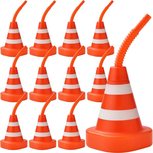 ALINK 12 Pack Construction Cone Cups with Straws, Race Car Traffic Cones Party Favor Cups, 10 oz Plastic Kids Party Cups for Construction Traffic Theme Racing Car Hotwheels Birthday Party Supplies