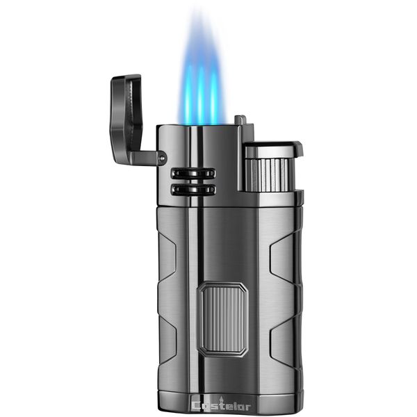 Castelar Cigar Torch Lighter Triple Jet Flame Butane Refillable with Cigar Punch Rest Holder - Butane Not Included