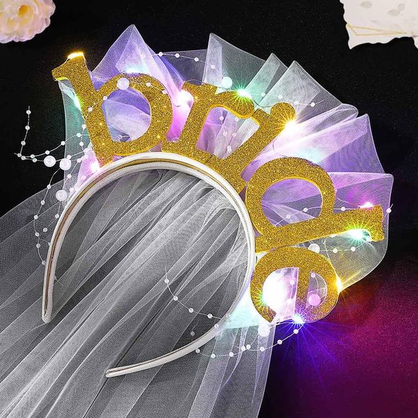 JEAIRTS Light Up Bride Headband White Pearl Bridal Headpiece Led Bachelorette Party Veil Glowing Hair Accessories for Women(2-Gold)