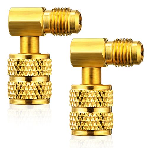 Chinco 2 Pcs R410a Adapter for Mini Split Charging Adapter Vacuum Port with Thimble 5/16 Inch Female Quick Coupler to 1/4 Inch Male Flare for Air Conditioner HVAC Refrigeration (90° Angle)