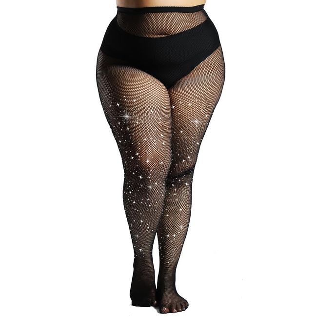 MERYLURE Ultra Strong Plus Size Rhinestone Fishnet Stockings for Women, Rip Resistant High Waist Sparkly Tights