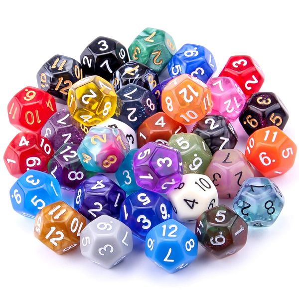 SIQUK 35 Pieces Polyhedral Dice 12 Sided Mixed Colours Dice for DND RPG MTG Table Games with Black Velvet Storage Bag