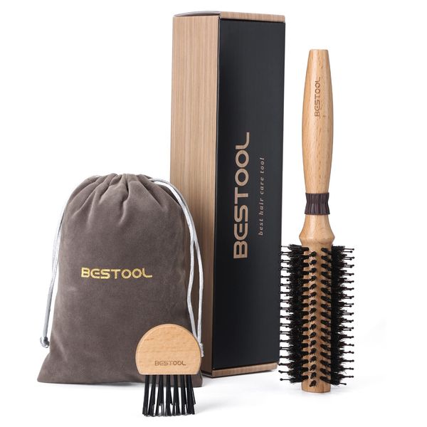 BESTOOL Round Brush for Blow-Drying, Boar Bristles with Nylon Pins Round Hair Brush, Professional Round Styling Brush for Women and Men, Straightening, Curling, Improving Hair Texture (Barrel 20mm)