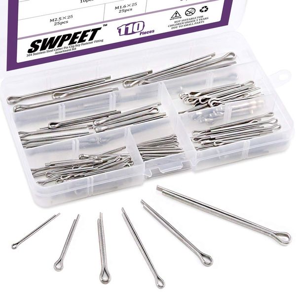 Swpeet 110Pcs 304 Stainless Steel Cotter Pin Clip Key Fastener Fitting Assortment Kit Perfect for Automotive Mechanics Small Engine Repair