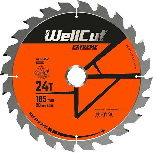 WELLCUT TCT Circular Saw Blade 165mm x 24T x 20mm Bore Circular Saw Accessory Cuts Wood/PVC Plastic/Wood with Nails and Laminate (DIY and Professional use)