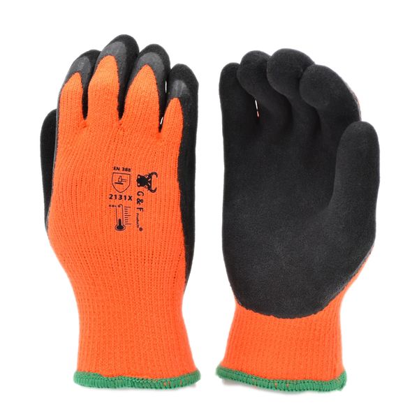 G & F 1528L GripMaster Cold Weather Outdoor Work Gloves, Winter Driving Gloves, Micro-Foam Latex Double Coated, heavy Duty, Large, 1 Pair, Orange