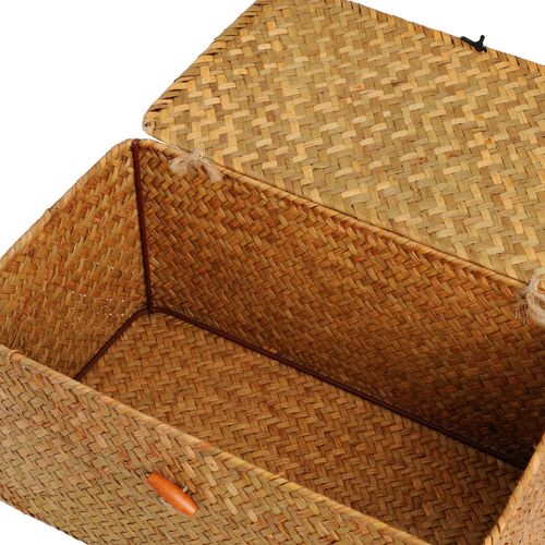 DOKOT Seagrass Storage Baskets with Lid Natural Rattan Woven Rectangular Organizer Box (Small 26cmx14cmx11cm H)
