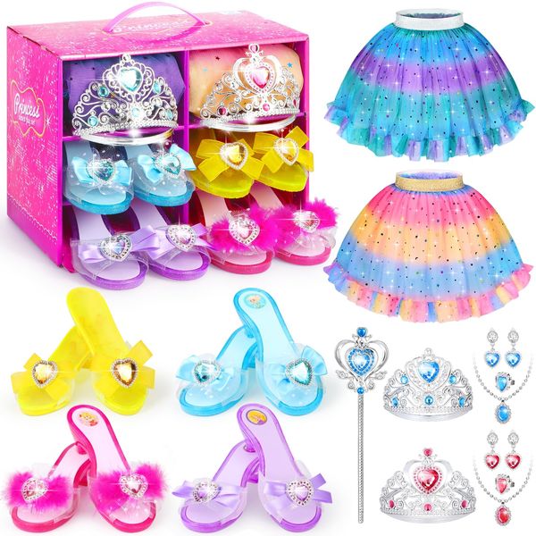 Princess Dress Up Shoes Set for Girls 4-6, Girls Role Play Dress Up Clothes Toys Toddler Princess Jewelry Boutique Kit Gift Aged 3-6 Years Old Include Skirts, 4 Pairs of Shoes, Princess Accessories