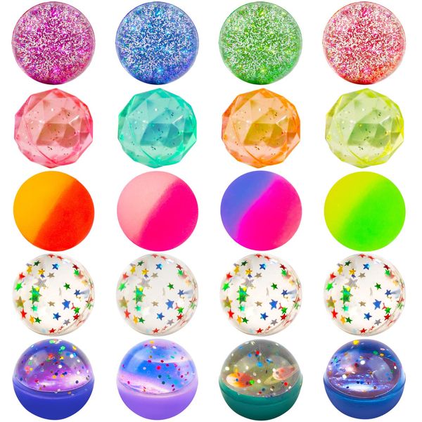 Ohanniewa Bouncy Balls for Kids 20 Pieces 5 Styles 32mm Assorted Bouncy Balls with Storage Bag for Birthday Party Favors