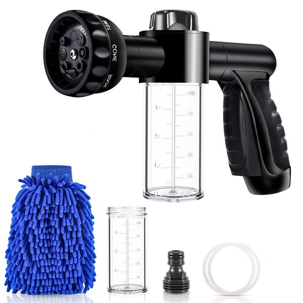 Car Wash Nozzle, Willcrew High Pressure Hose Nozzle Sprayer 8 Way Patterns Hose Soap Sprayer ​with 2 X 3.5oz 100cc Soap Dispenser and Washing Mitt for Car Wash, Watering Plants, Showering Pet