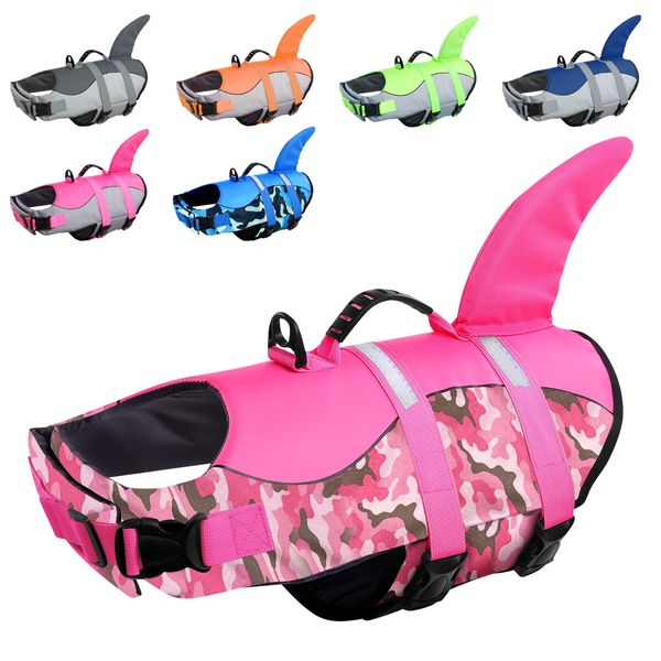 CITÉTOILE Schwimmweste für Kleine Mittlere und Große Hunde mit Griff und Reflektierend, Hunde Schwimmweste Hai Dog Life Jacket mit Guter Auftrieb, Leicht und Sicher für Wassersport, Rosa Tarnung, M