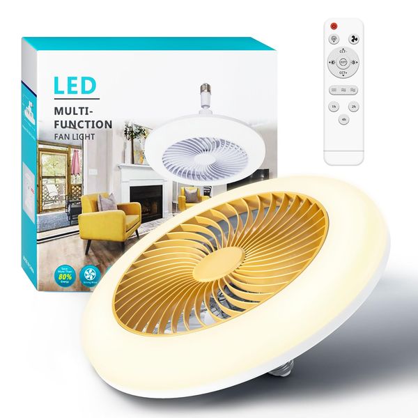 Socket Fan Light with Remote: 11” Screw in Ceiling Fan in Light Socket LED Light Bulb Fan, Multi-Directional Dimmable E27 Wireless Small Ceiling Fans with Lights for Bathroom/Bedroom/Garage-Yellow