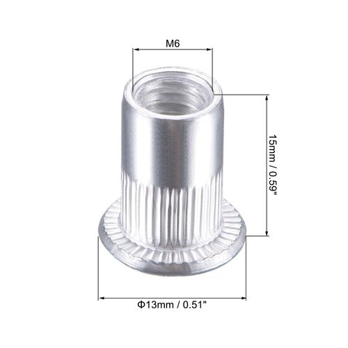 uxcell M6 Rivet Nut Aluminum Alloy Knurled Flat Head Screw-in Insert Nut Silver 25pcs