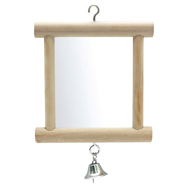 Pet Bird Mirror With Bell Solid Wood Bird Toy Double-Sided Mirror for Bird Cage