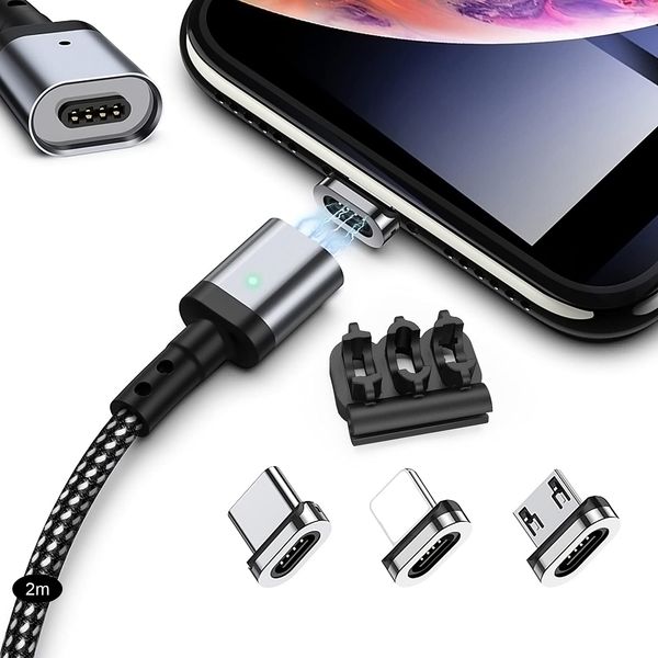 SUNTAIHO Magnetic Charging Cable, 3 in 1 Mini-USB Cable [2 M x 1 Set] QC3.0 Fast Charging and Data Transmission, Magnet, Magnet, Dustproof, Removable, Type-L, Micro USB Type-C Connector, Type-C, Micro