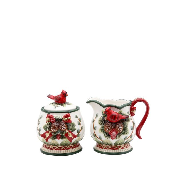 Cosmos Evergreen Holiday Cardinal Sugar & Creamer Set