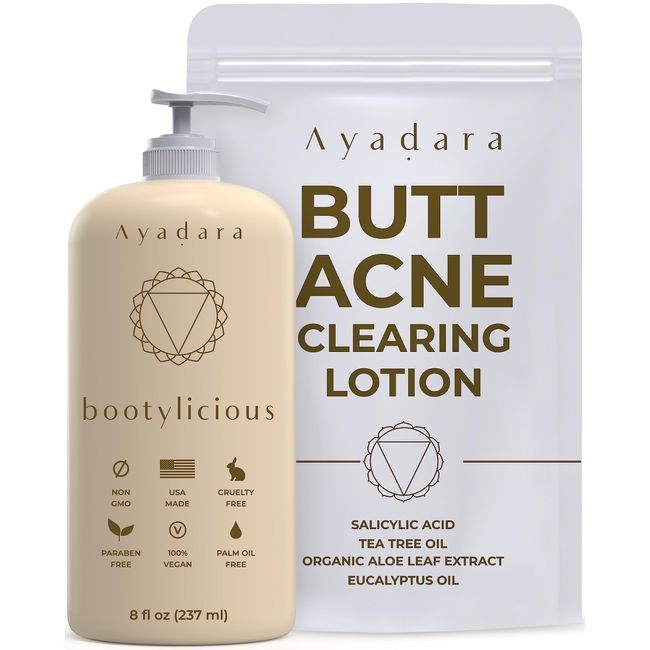 Ayadara Butt Acne Clearing Lotion | Pimple & Zit Prevention Booty Cream with Salicylic Acid & Tea Tree | Moisturizing Cystic Acne Treatment for Buttocks | Women, Men, Teens, & Adults | 90-Day Supply