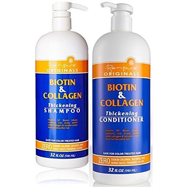 Renpure Originals Biotin & Collagen Thickening Shampoo And Conditioner Set 32 Oz (Zero Sodium Chloride, Sulfate, Dyes Harsh Salts, Parabens, Gluten)