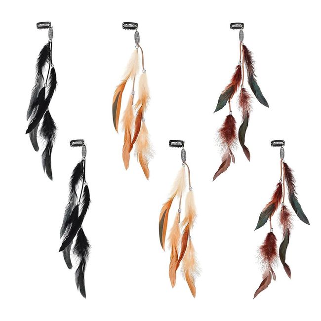 Oenothera 6 Pieces 3 Feather Hair Clips, Indian Feather Headband, Hippie Boho Headpiece for Women and Girls