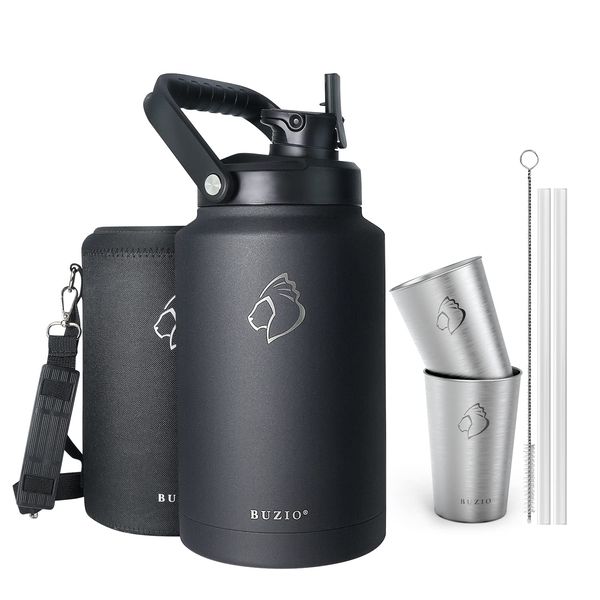 Gallon Water Bottle 128 oz with Straw Lid and Carrying Sleeve, BUZIO Insulated Water Jug 128oz Stainless Steel with Two Beer Cups, Hot Cold Hydro Metal Canteen Water Flask, Double Wall, Black