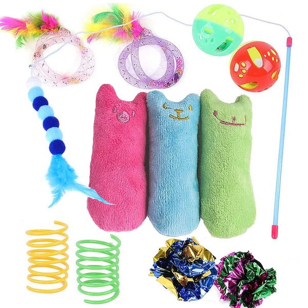 12 Pcs Cat Toys for Indoor Cats Kitten Plush Catnip Toy Cat Teeth Cleaning Toys Interactive Cat Feather Teaser Wand Spring Toy