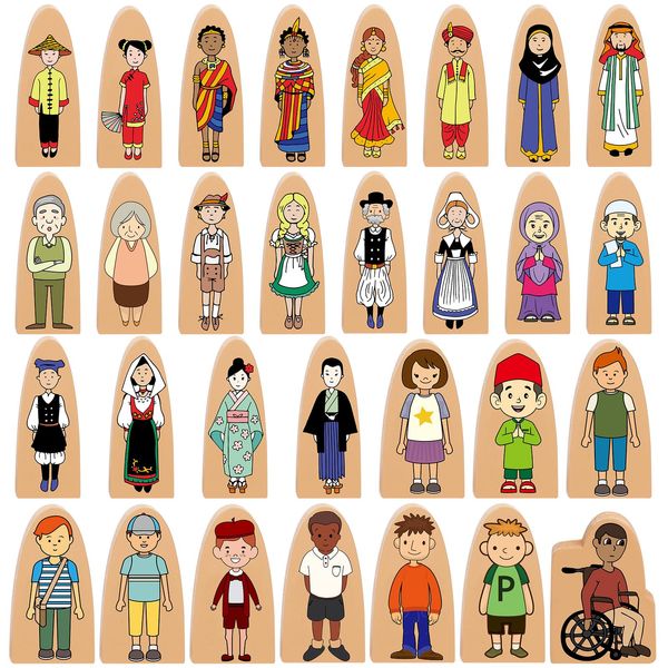 Syhood 30 Pcs Small Wooden Blocks Multicultural Wooden Character Set Cute People Toys Double Sided Wooden People Figures for Classroom Diversity Play Open Ended Stem Pretend Educational Games