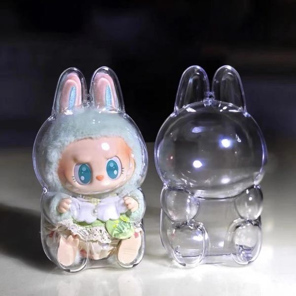 Plastic Clear Display Box with Key Chain for LABUBU Doll, Protective Cover for LABUBU Have a Seat Plush Toy, Transparent PVC Bag for Storage (Doll Not Include, 15cm)