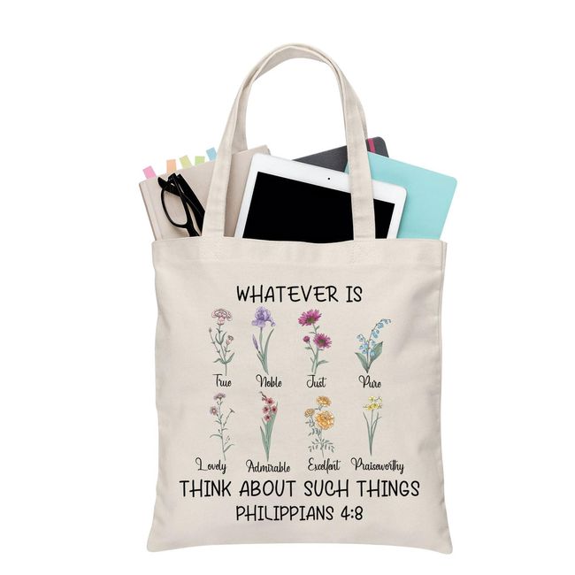 PLITI Christliche Tragetasche, religiöses Geschenk, Bibelvers Geschenk, Whatever Is True Wildflower Philippians 4:8 Floral Bible Handtasche, Philipper 4:8 Tgu, medium