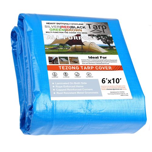 TEZONG 6x10 Heavy Duty Waterproof Tarp, 16Mil Tarpaulin for Outdoor, Emergency Rain, Patio, Wood, Roof, Camping, Car, Pool