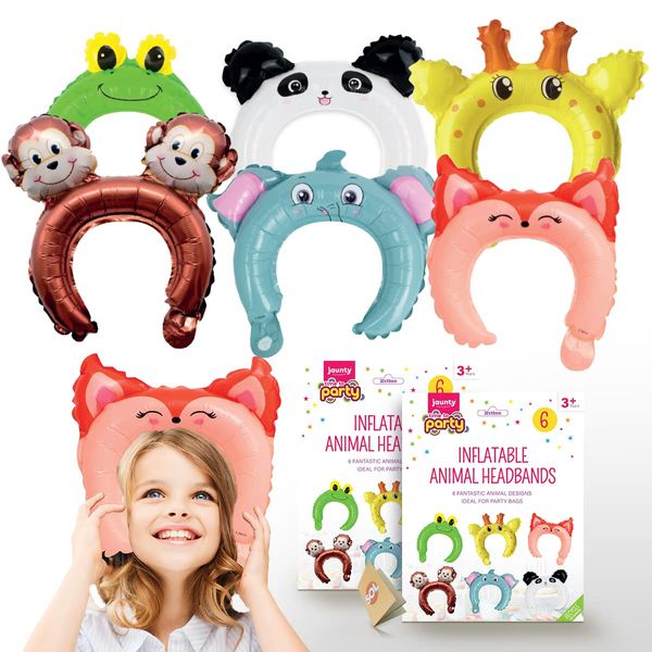 12pk Inflatable Jungle Animal Headband | 2x6pk Party Bag Fillers Inflatable Party Props Safari | Inflatable Giraffe Inflatable Monkey Inflatable Frog, Elephant, Panda, Fox Inflatables + SOL Sticker