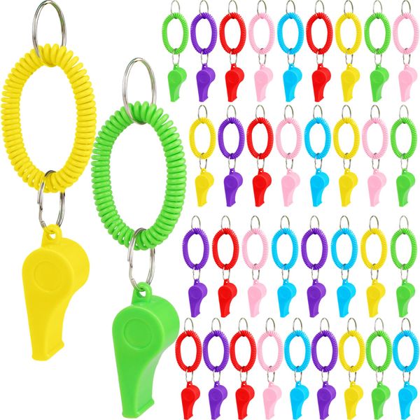 36 Pcs Colorful Whistle with Bracelet Bulk Loud Whistle with Stretchable Coil Wrist Keychain Bracelet for Kids Toy Coach Referee Utensils Christmas Birthday Party Gift Bag Filler, 6 Colors