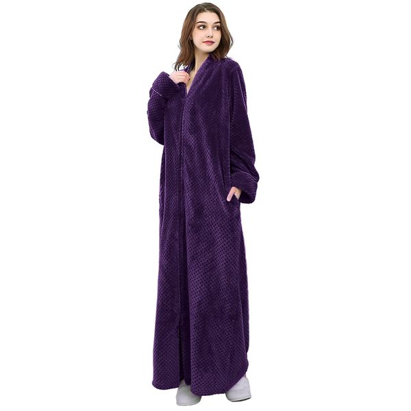 Hellomamma Womens Robes Warm Plush Winter Robe, Zip up Long Fleece Bath Robes Female, Zipper Bathrobes for Women Purple