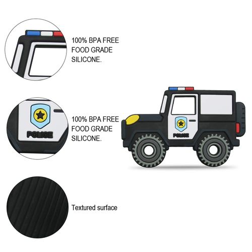 AmazingM Car Series Baby Teething Toys,Food Grade Silicone Chew Teether for 3 Months+ Infant Boy and Girl,Toddler Sensory Chewing Teether,BPA Free. (Police Car, Black)