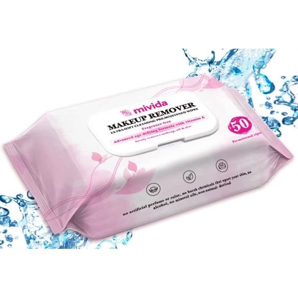 🌿 mivida Makeup Remover Wipes | Facial Cleansing and Gentle Make up Remover Face Wipes | Hypoallergenic Facial Cleansing Towelletes With Vitamin E | Fragrance Free, Alcohol Free, Flip Top Pack, 50 Count