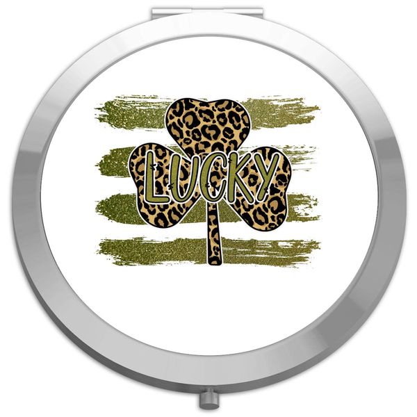 Lucky leopard print style shamrock folding compact pocket mirror - silver round circle shape