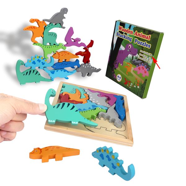 Childgoo 2 in 1 Wooden Dinosaur Farm Ocean Animal Sorting & Stacking Toys Wooden Blocks and Puzzles for Kids Ages 3-5 Montessori Gifts for Toddlers Boys & Girls Ages 3 4 5 6 Years Old (Dinosaur)