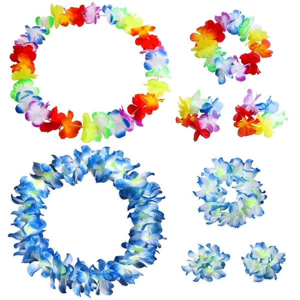 Hawaiian Leis Luau Tropical Headband Flower Crown Wreath Headpiece Wristbands Women Thicker Necklace Bracelets Hair Band For Summer Beach Vacation Pool Party Decorations Favors Supplies Set Blue