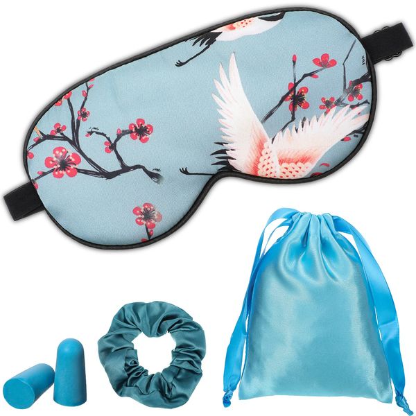 Hicarer 1 Set Silk Eye Mask for Sleeping with Earplug Travel Pouch and Hair Scrunchies Silk Sleep Mask Soft Eye Cover Crane Pattern Eyemask with Adjustable Strap for Women Men Night Sleep(Blue Crane)