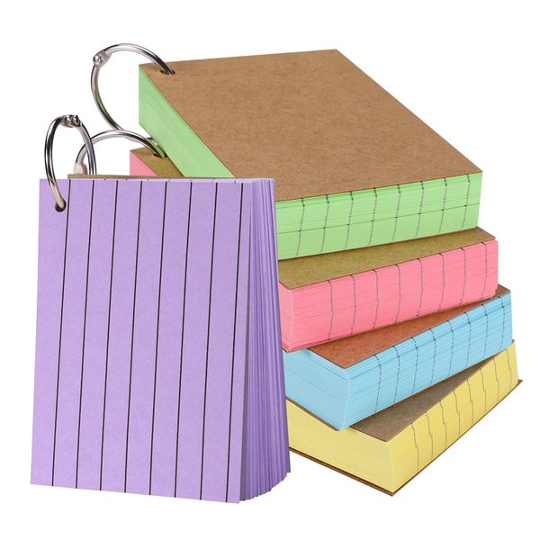 500 Stück Karteikarten A7, 150g/m² Karteikarten Liniert Flash Cards Lernkarten Bunt mit 5 Binderinge 10 Kraftpapierkarten für Schule Büro Zuhause Unterwegs Lernen Notizen (5 Farben)