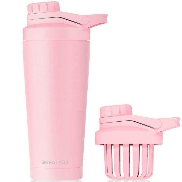 Greatyos Stainless Steel Shaker Bottle with Noise-Free Design - Patented 24 oz Insulated Metal Shakers Bottles Cup for Protein Mixes and Pre Workout 100% Leak Proof (Pink)