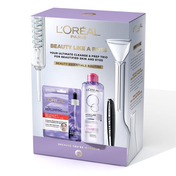 L'Oréal Paris Beauty Like A Boss Gift Set - Revitalift Filler Hyaluronic Acid Mask, Micellar Water & Mega Volume Mascara Brush