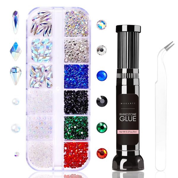 Makartt Rhinestone Glue Kit, Strong Adhesive Gel Nail Glue with Nail Crystal Rhinestone Tweezer, Nail Gem Glue, Nail Glue Gel with Rhinestones Crystal Stones Jewels