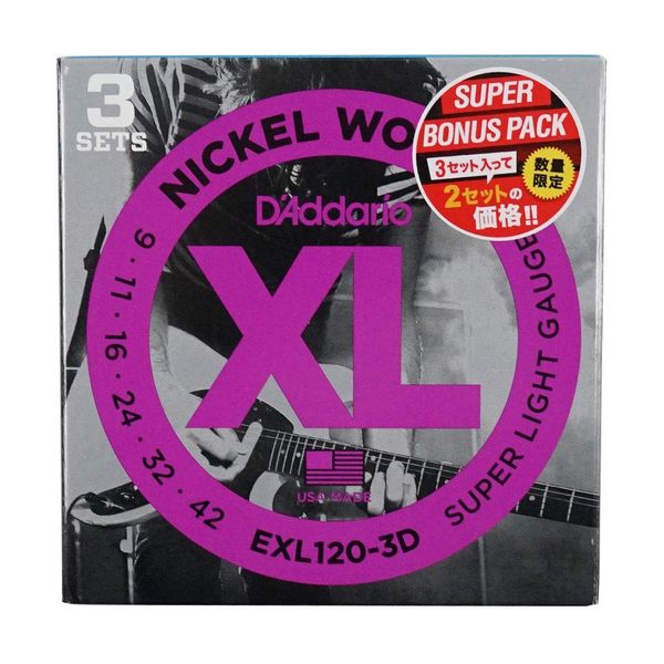 D'Addario EXL120-3DBP Electric Guitar Strings Set of 3, Super Bonus Pack, Nickel Super Light .009-.042