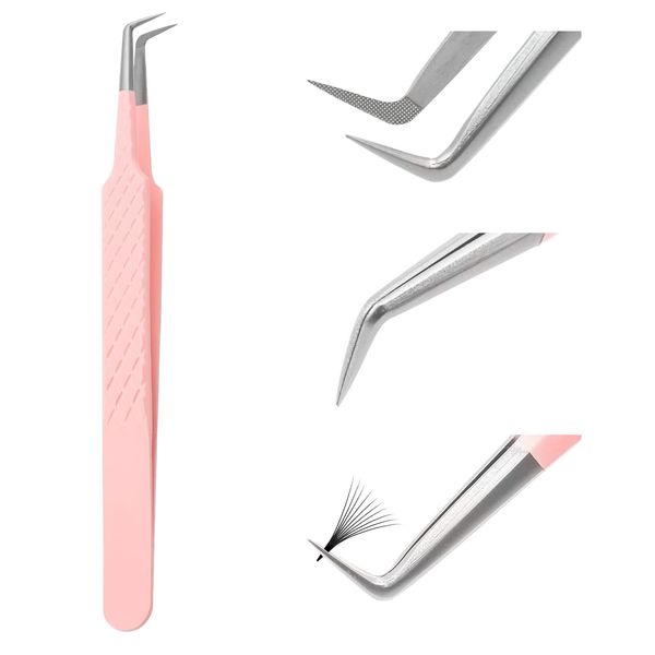 Tweezers for Eyelash Extension Professional Pink Stainless Steel Curved Tip Professional Eyelash Tweezers Striped FADVAN(90°Bend Shape)