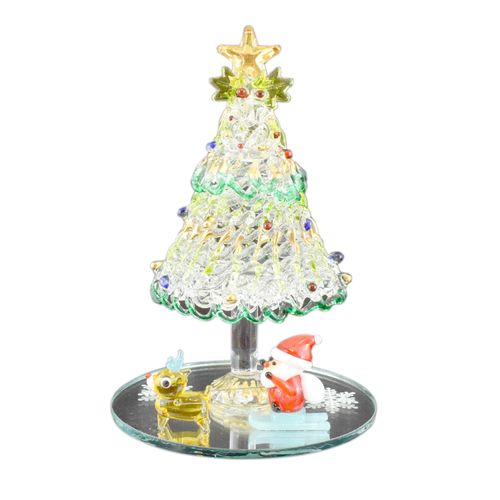Folkart Cute Handmade Glasswork Sleigh Pull Santa Tree Set