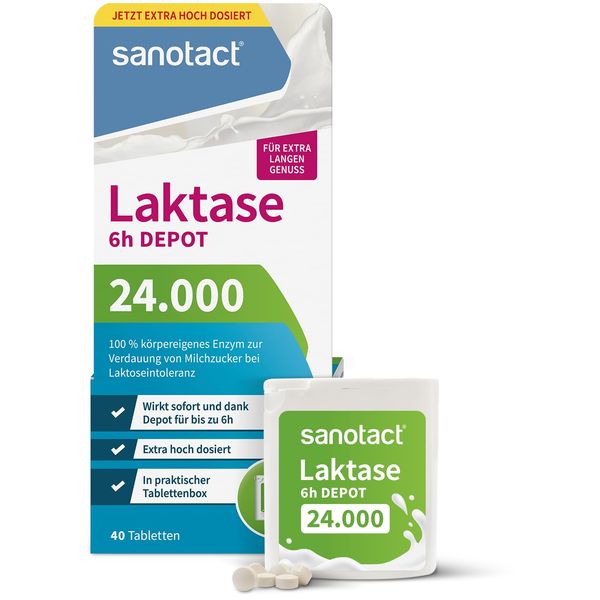 sanotact Laktase 24.000 6h DEPOT (40 Laktasetabletten) • Laktose Tabletten mit Depot-Wirkung • Bei Laktoseintoleranz & Milchunverträglichkeit • Sofortwirkung & 6h Langzeit-Depot